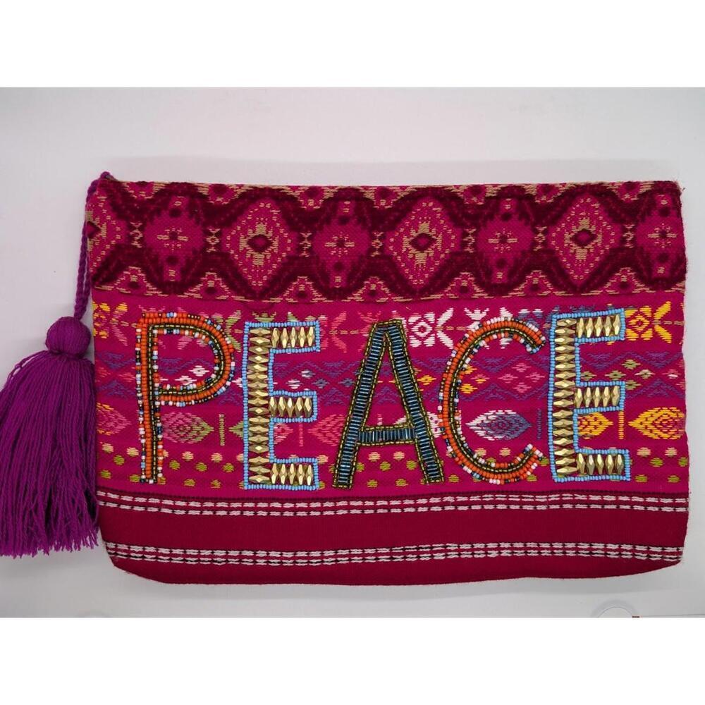Ale By Alessandra PEACE Beaded Embroidered Tassel Zip Clutch Boho Free Spirit